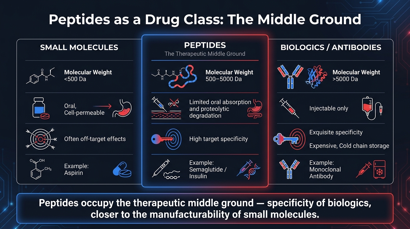 Comparison of small molecules, peptides, and biologics