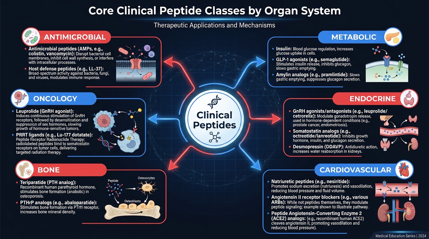 Map of major peptide therapeutic classes by organ system and mechanism