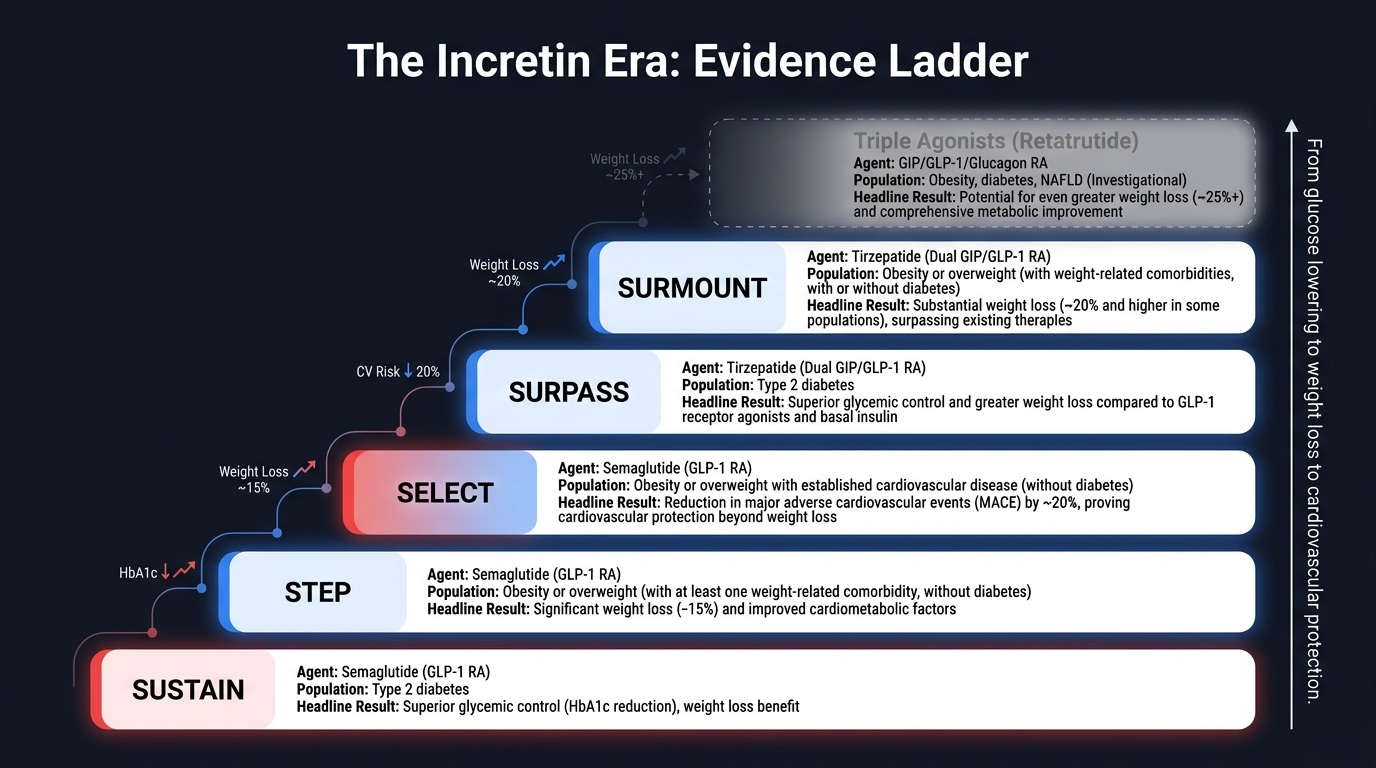 Evidence ladder for semaglutide and tirzepatide trials