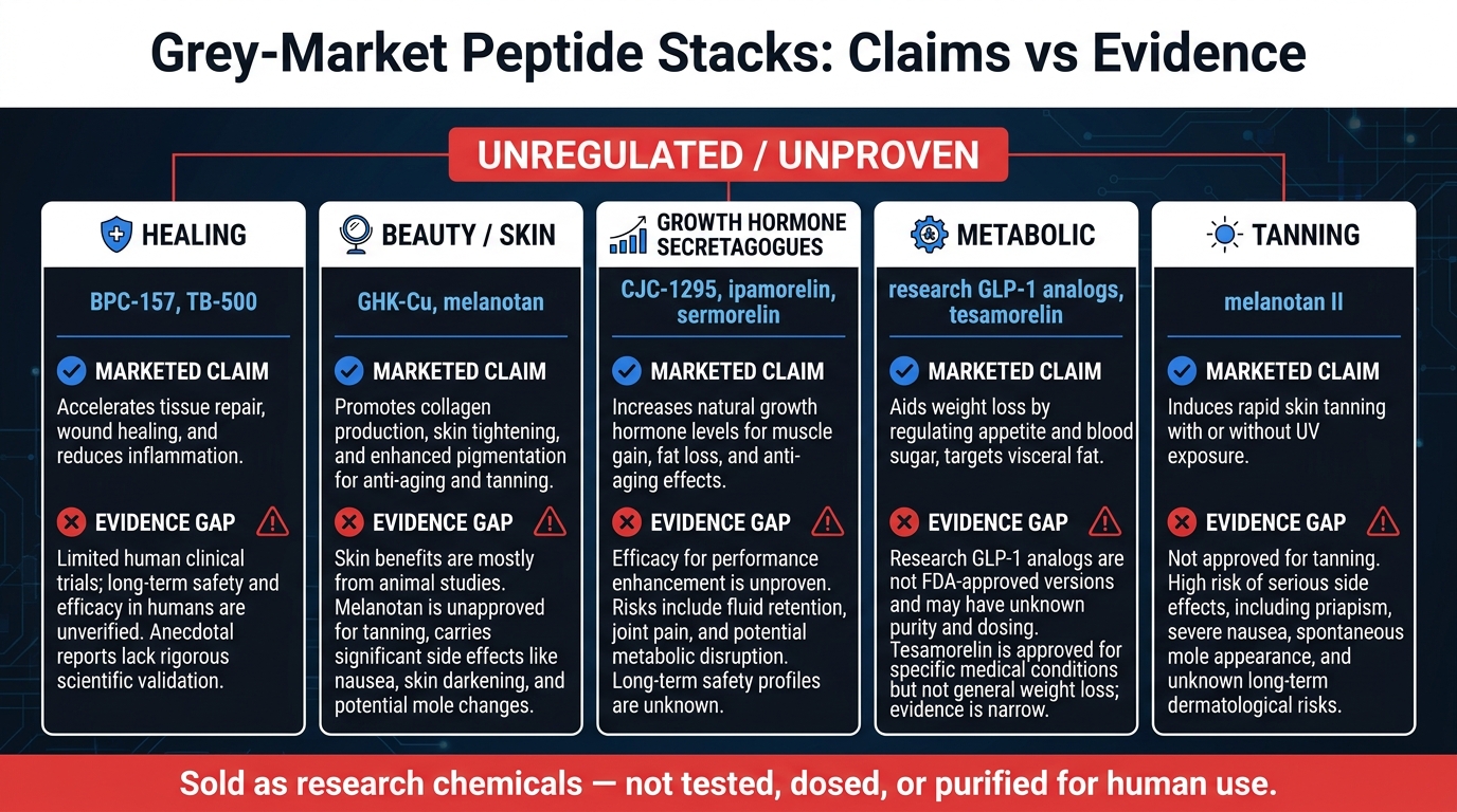 Grey-market peptide stacks: healing, beauty, growth hormone, metabolic, and tanning categories
