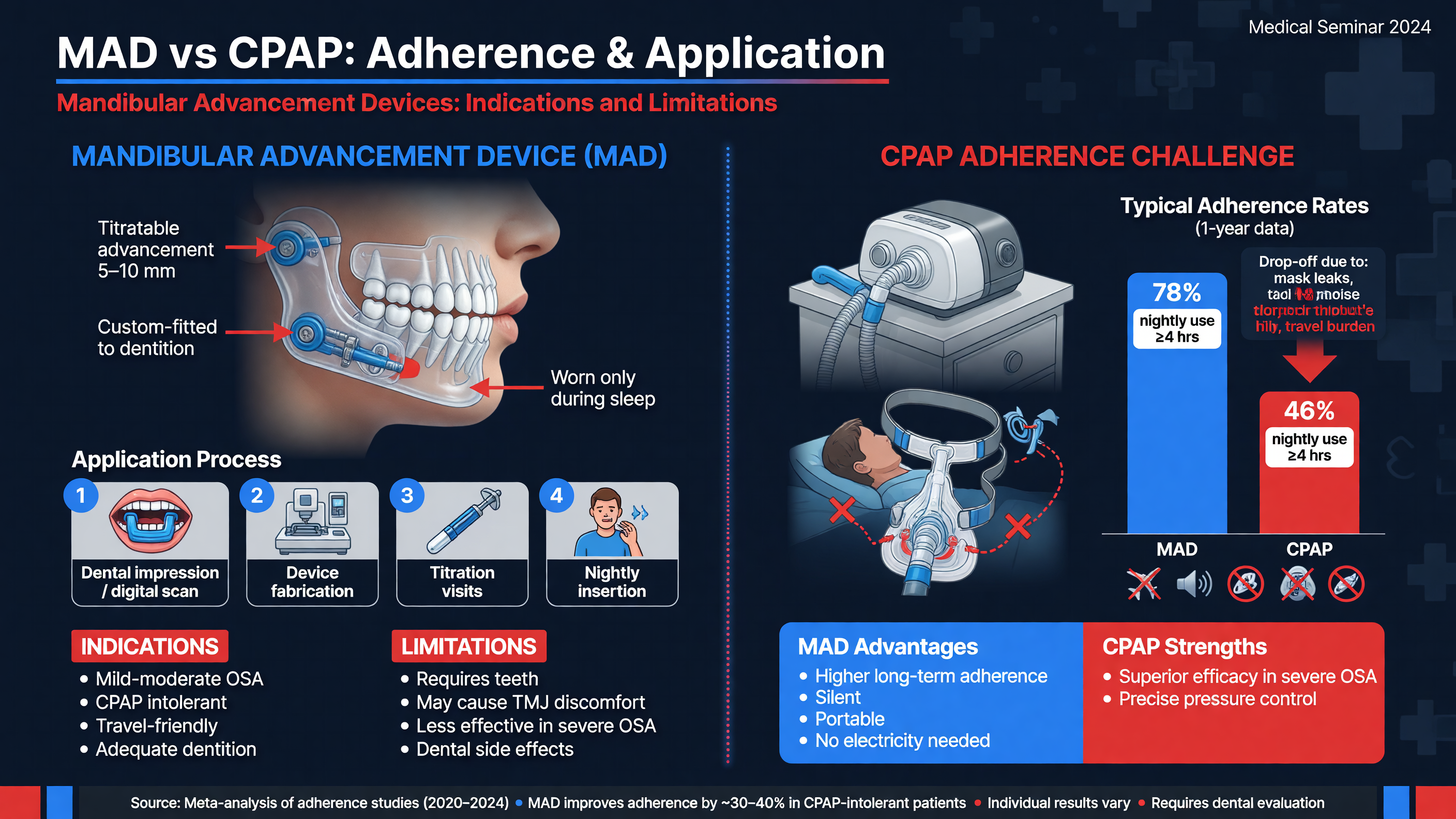 Conceptual diagram of MAD application vs. CPAP adherence