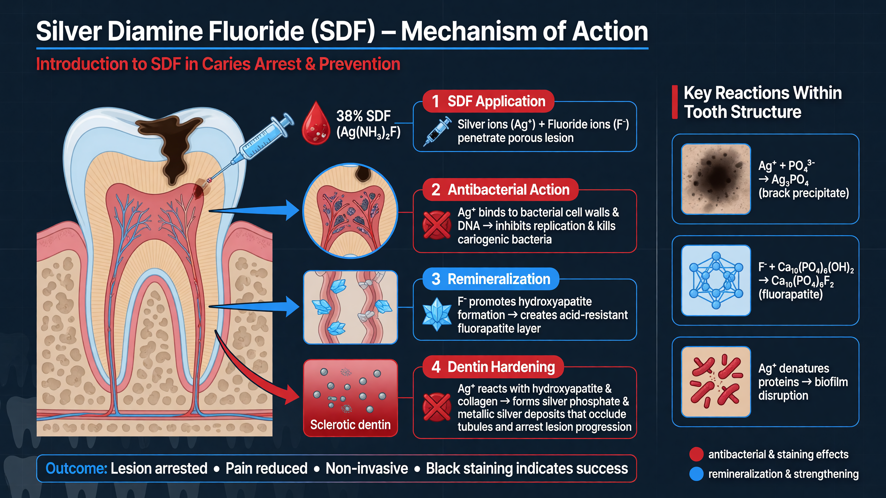 Conceptual diagram showing SDF's mechanism of action within the tooth structure.