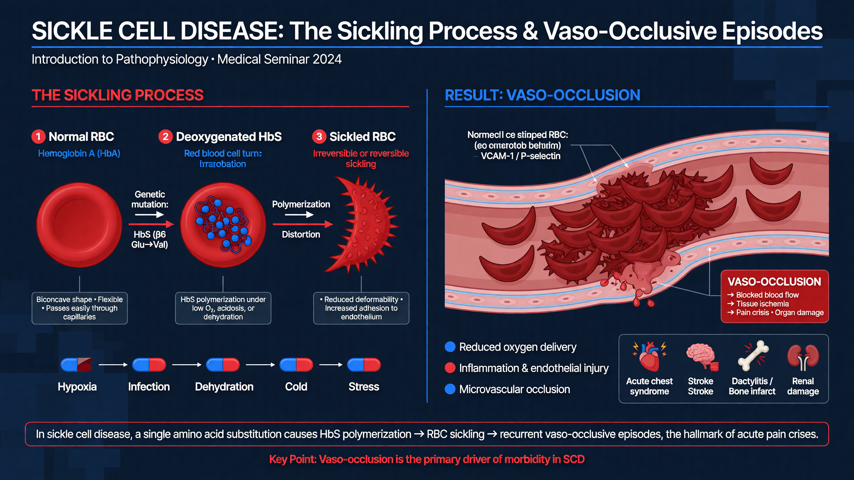 Diagram of sickling process and result of vaso-occlusion.