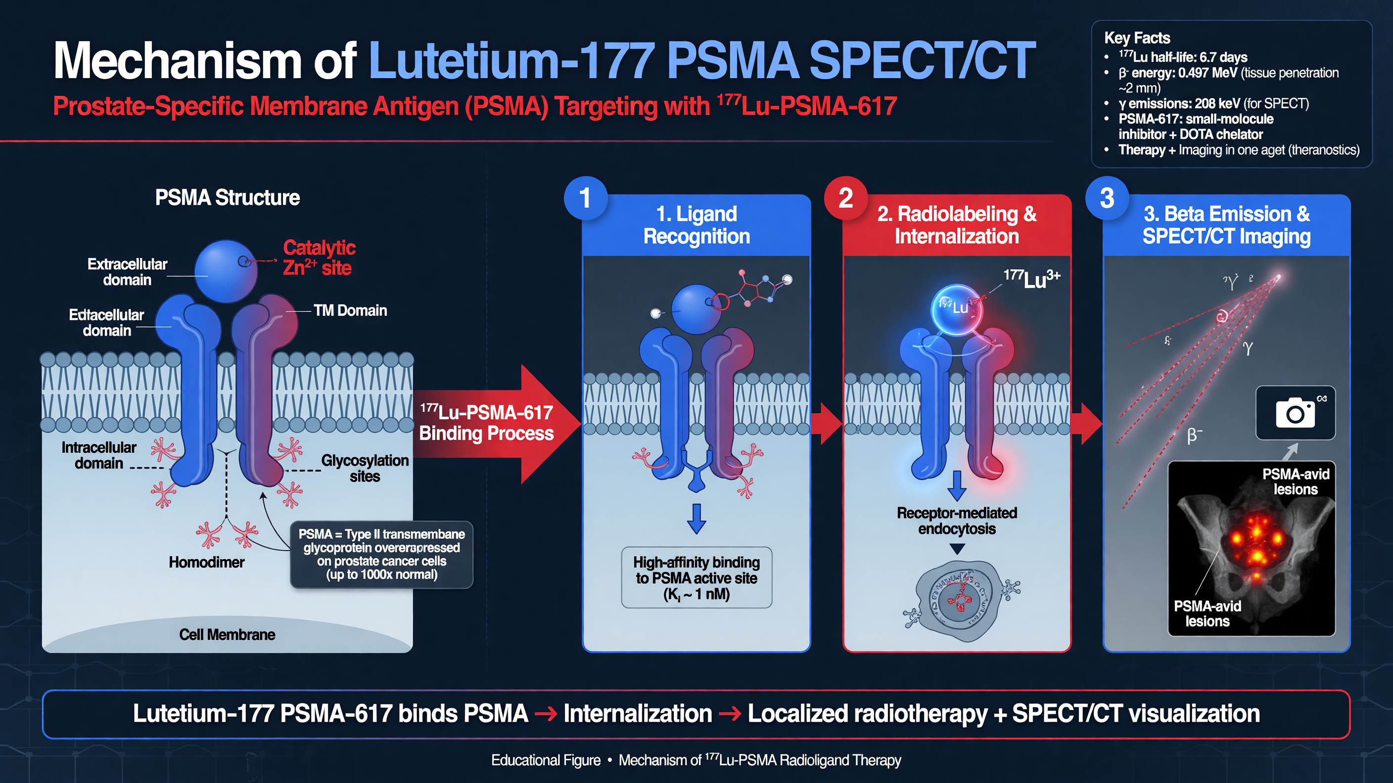 Diagram showing PSMA structure and Lutetium-177 binding process.