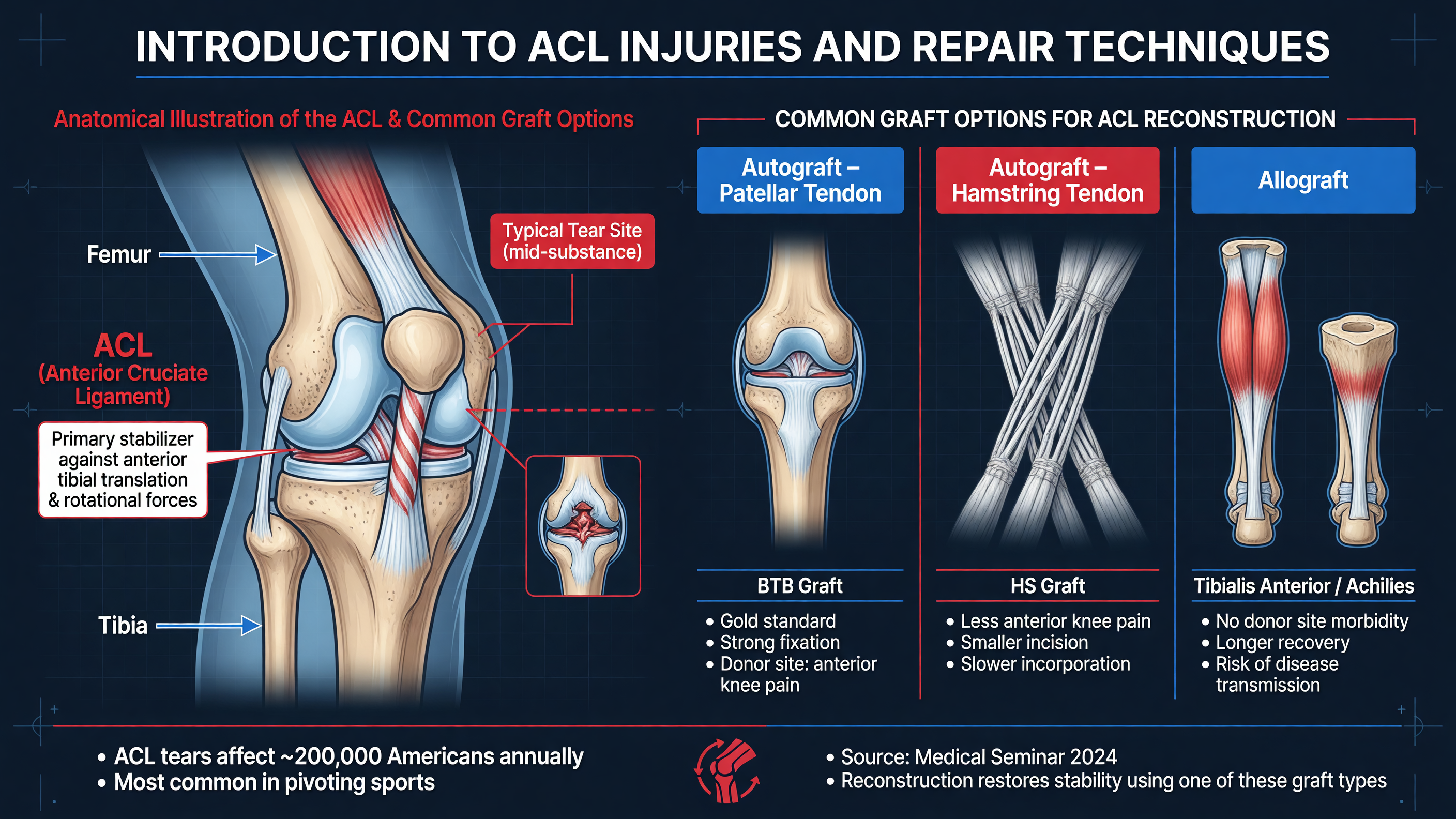 Anatomical illustration of ACL and common graft options