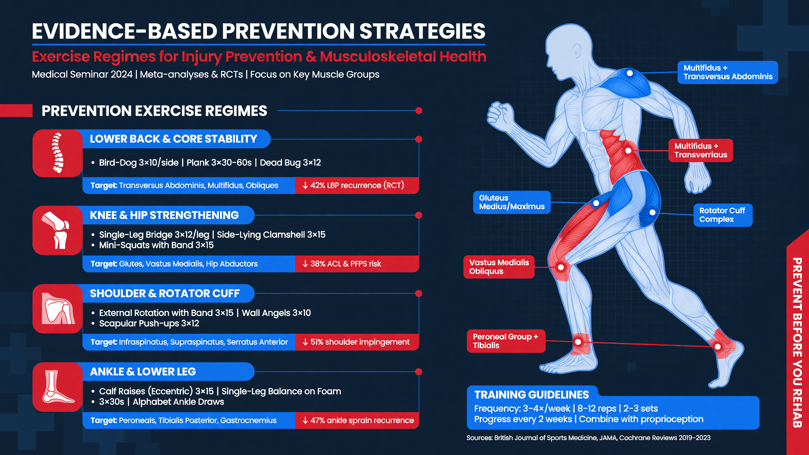 Infographic of prevention exercise regimes with focus muscle groups